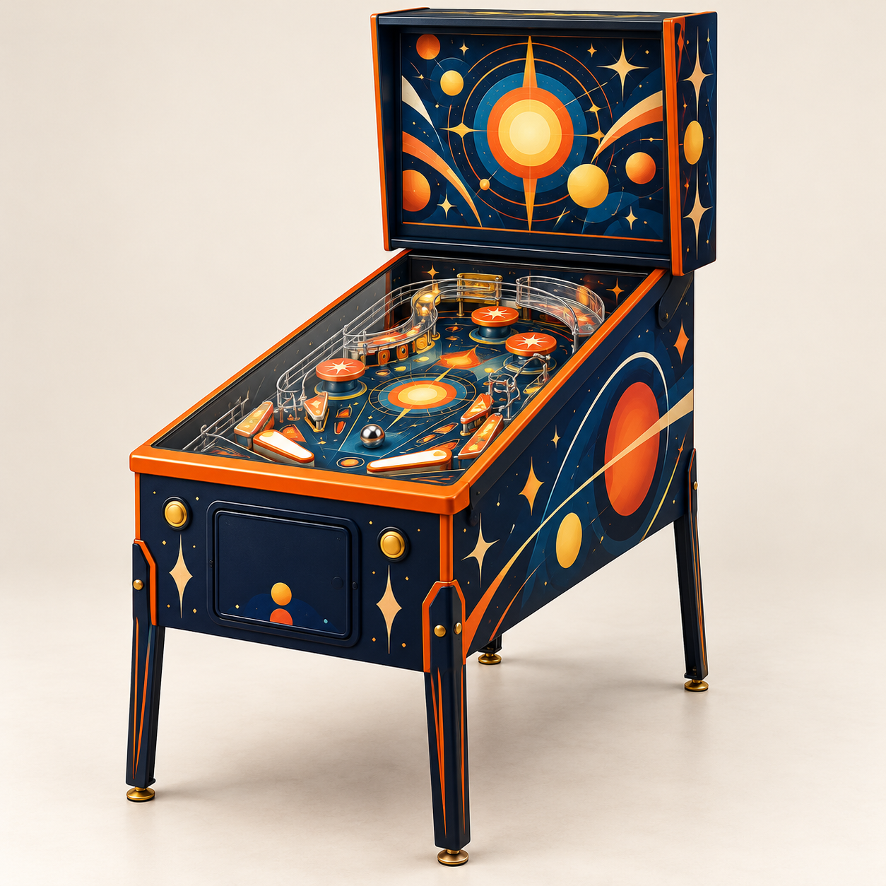AI-generated illustration of an unoccupied pinball cabinet layout. Generic concept, not an exact product.
