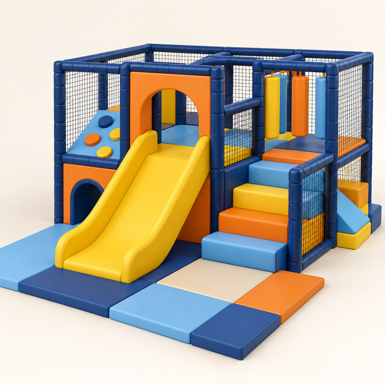 AI-generated illustration of a small unoccupied padded soft-play structure with mesh bays, steps and a yellow slide. Illustrative layout, not an actual installation.