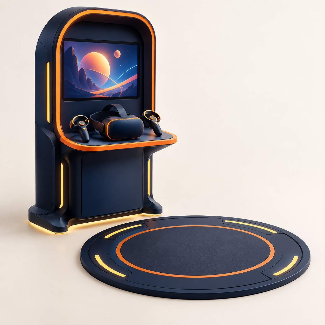 AI-generated illustration of an unoccupied VR kiosk with headset, controllers and floor boundary. Generic concept, not an exact product.
