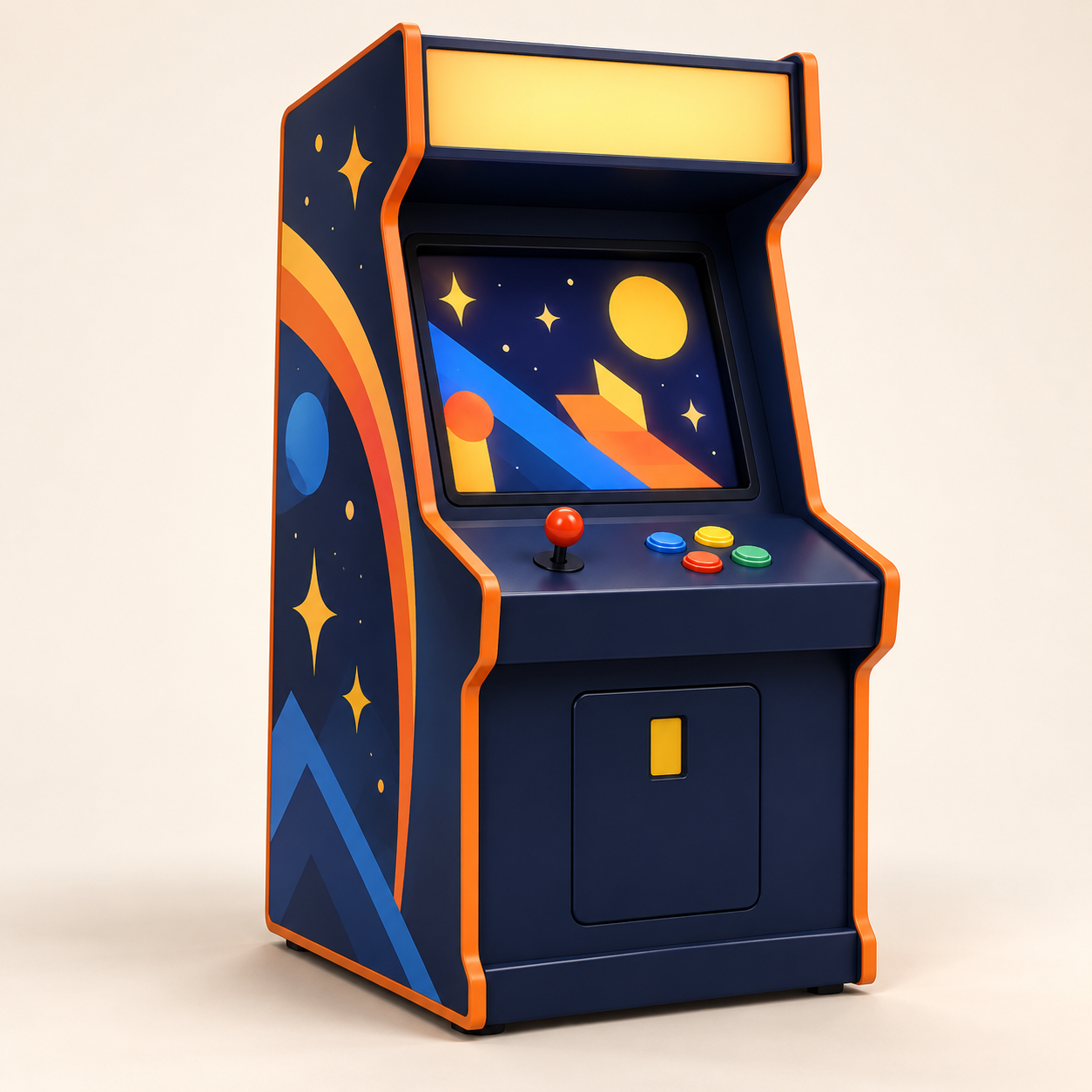 AI-generated illustration of a navy and orange upright arcade cabinet with a joystick, buttons and an abstract geometric screen. Illustrative concept, not a real product model.
