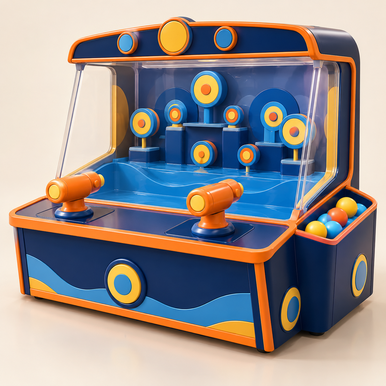AI-generated illustration of an unoccupied broad water-and-ball target-play category concept. Generic concept, not an exact product.