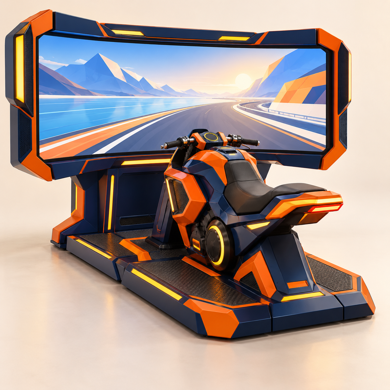 AI-generated illustration of an unoccupied large-display motorcycle layout. Generic concept, not an exact product.