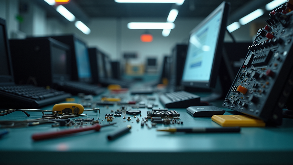 Eye-level view of a computer repair shop with tools and equipment