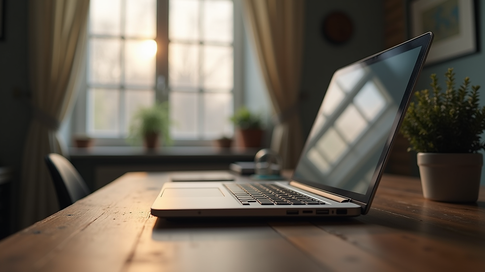 Eye-level view of an old laptop on a wooden desk