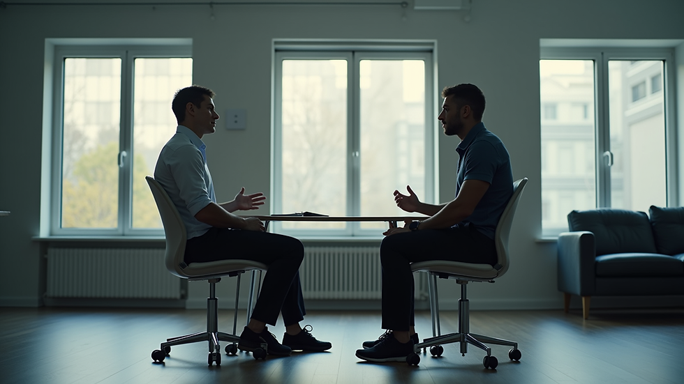 Eye-level view of a sports psychologist coaching an athlete in a calm room