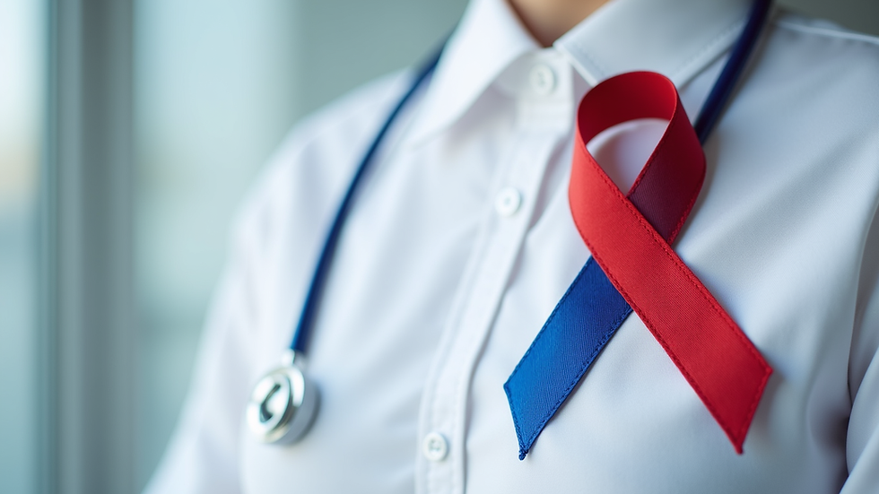 Close-up view of a red and blue stroke awareness ribbon pinned on a white shirt