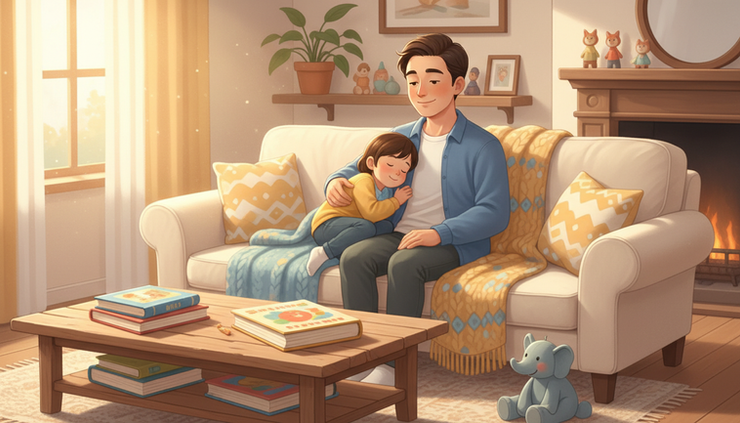 Eye-level view of a parent sitting with a child on a couch during a calm conversation.