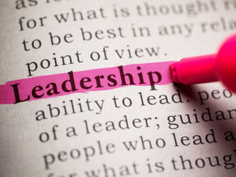 We see a close up photo of the page of a book. The word "Leadership" is being highlighted in bright pink ink.