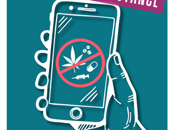 A hand is holding up a smartphone that has an image of a cannabis leaf, a pill, and a syringe crossed out with a red circle over it. The text reads, "Combating Substance Accessibility" in bright colors against a teal backdrop.