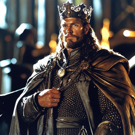 A composed, crowned leader seated in a grand hall.  His posture reflects calm authority, responsibility, and long-term stewardship — a leader grounded in values and legacy.