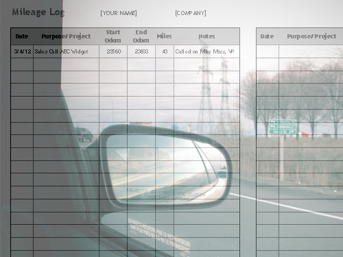 milelage log overlaid on image of car's side mirror and fields and electrical towers and street sign in the background