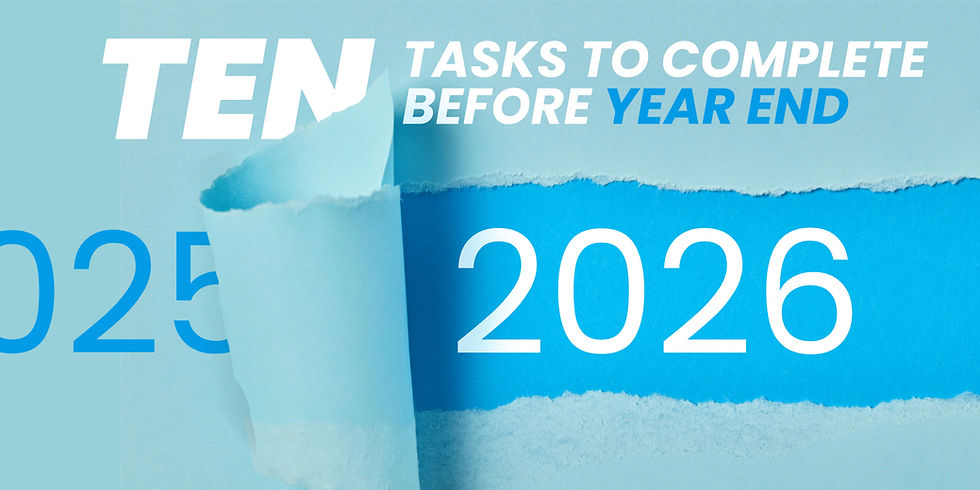 Torn paper reveals "2026" on a blue background. Text reads "Ten tasks to complete before year end" with "2025" partially obscured.