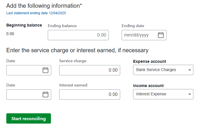Form for financial reconciliation. Fields: beginning balance, ending balance, dates, service charge, expense account. "Start reconciling" button.