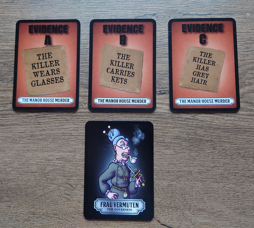A row of three cards titled "Evidence A", "Evidence B", "Evidence C". Evidence A reads "The killer wears glasses", evidence B reads "The killer carries keys", evidence C reads "The killer has grey hair". Below these three cards is a character card, showing a woman who is wearing glasses, carrying keys and has grey hair.