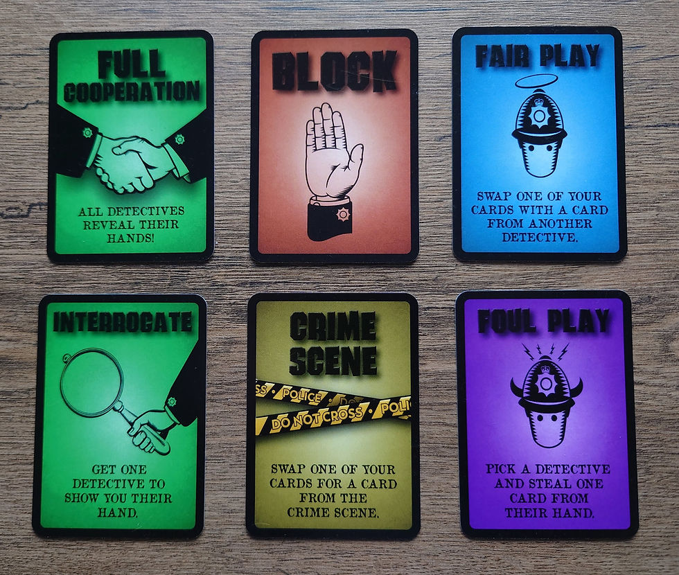 Six cards arranged into two rows. The cards show the six different actions that can be taken in the game. The two cards on the left have green backgrounds and show the two actions that cause players' hands to be revealed. The top middle card has a dark orange background and shows the block action. The middle bottom card has a yellow background with crime scene tape and shows the "crime scene" action. The top right card has a blue background and shows the card swap action. The bottom right card has a dark purple background and shows the card stealing aciton.