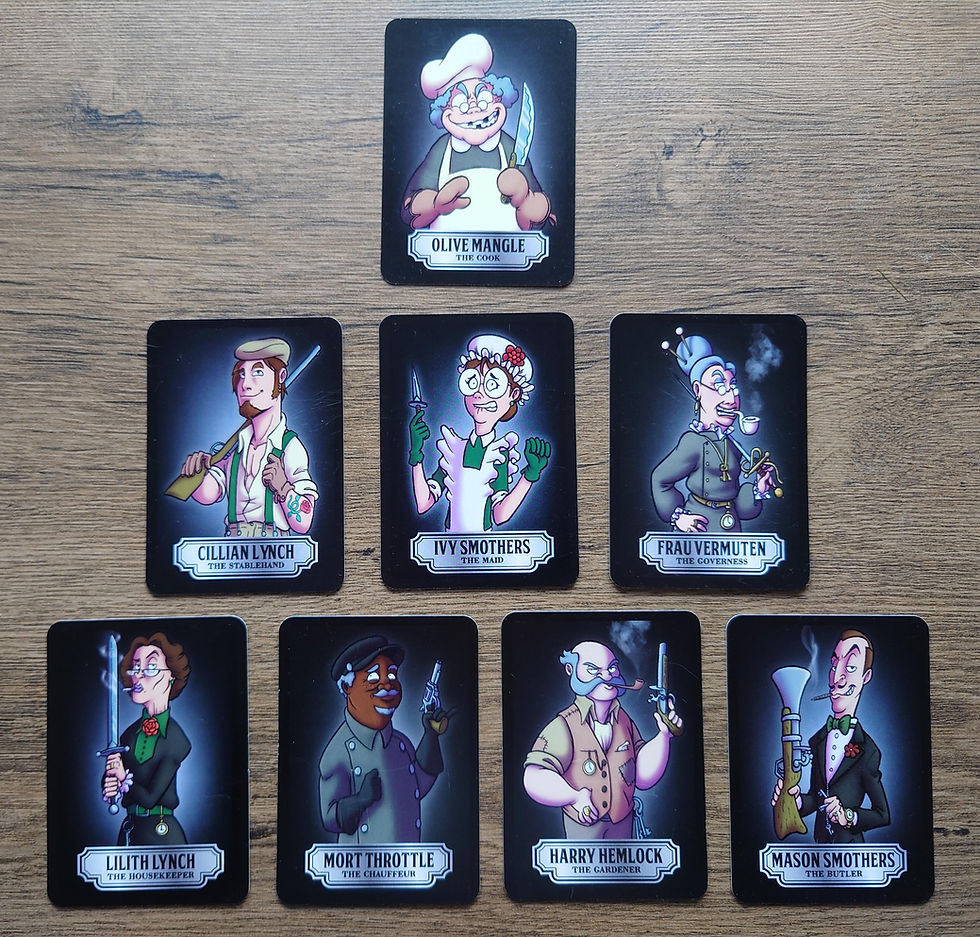 Eight cards showing the characters of the game. Four male-presenting characters, four female-presenting characters.