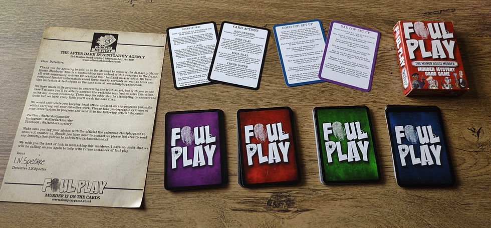 An overview of the components of Foul Play. Four equal size stacks of playing cards arranged into four piles, each with a different coloured card back. Four cards arranged above the four piles, showing the rules of the game and set-up instructions. One card-sized box with Foul Play branding. One A5 sheet designed to look like an aged document which details the game narrative and company contact info.