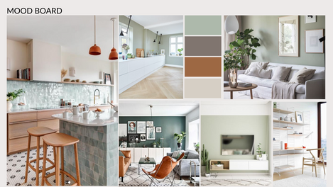 Mood board for a virtual interior design consultation, featuring a wood kitchen with aqua zellige tiles, a teal wall