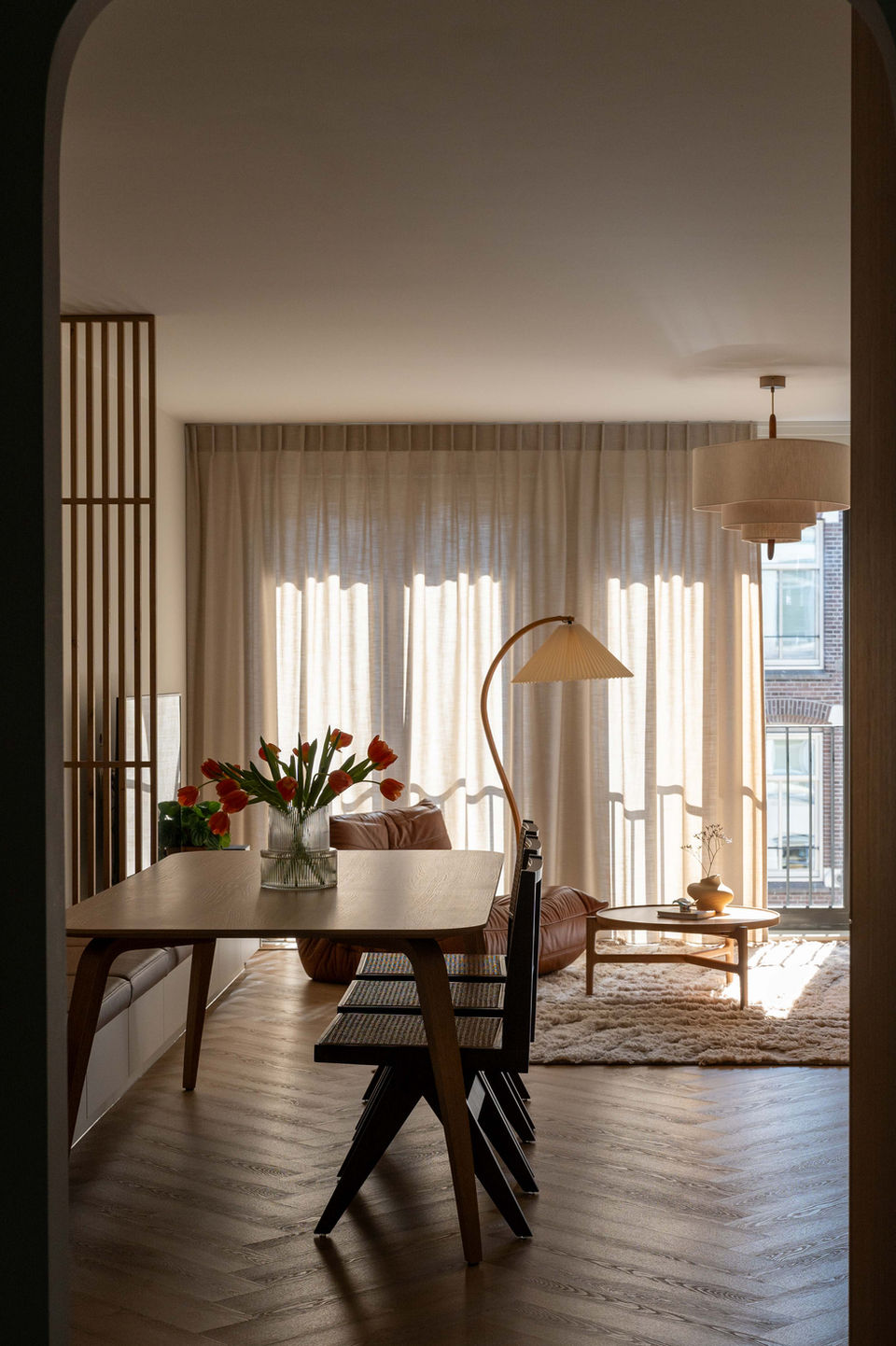 interior design in Amsterdam. Scandinavian living room with soft neutral colours, in Amsterdam