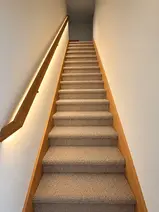 Carpeted staircase with natural wood handrail – Cobleigh renovation, Eagle Point, Oregon