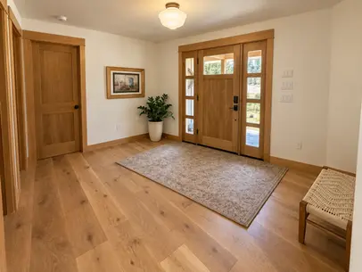 Entryway with natural wood door and hardwood flooring – Cobleigh renovation, Eagle Point, Oregon