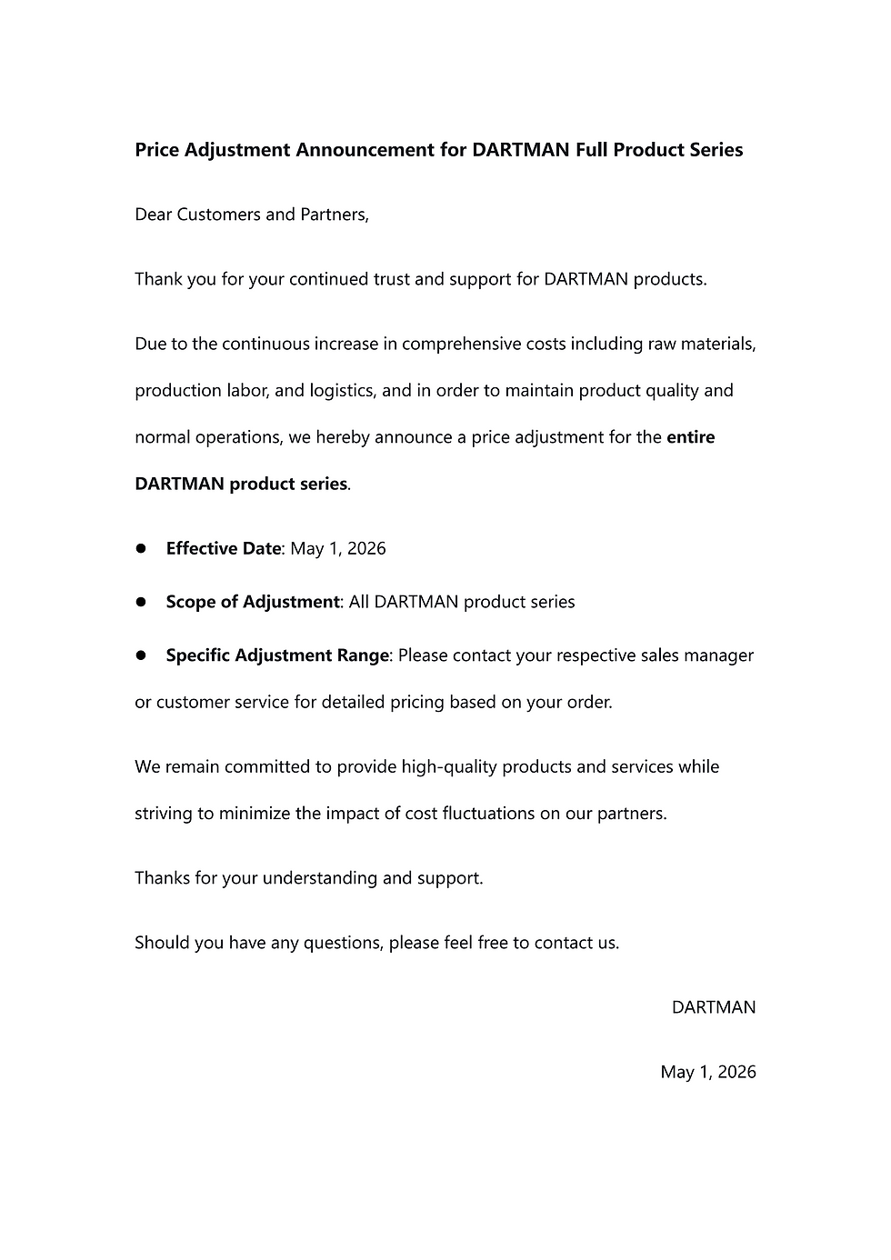Price Adjustment Announcement for DARTMAN Full Product Series