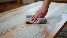 Hand holding a microfiber cloth wiping a clean streak through thick gray dust on a wooden coffee table