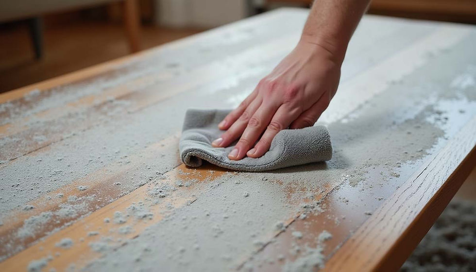 Hand holding a microfiber cloth wiping a clean streak through thick gray dust on a wooden coffee table