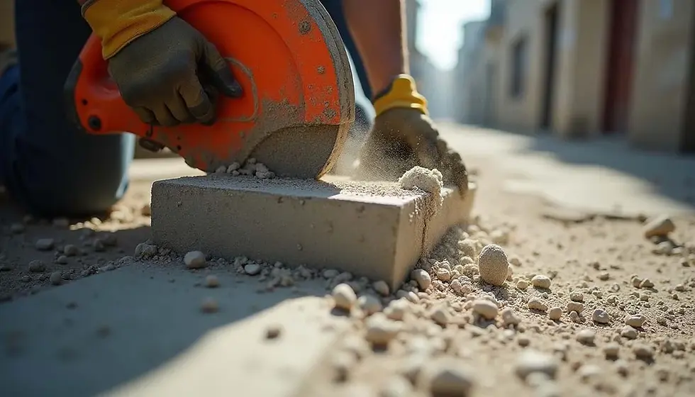 Worker using an orange concrete saw to cut masonry amidst a cloud of dust