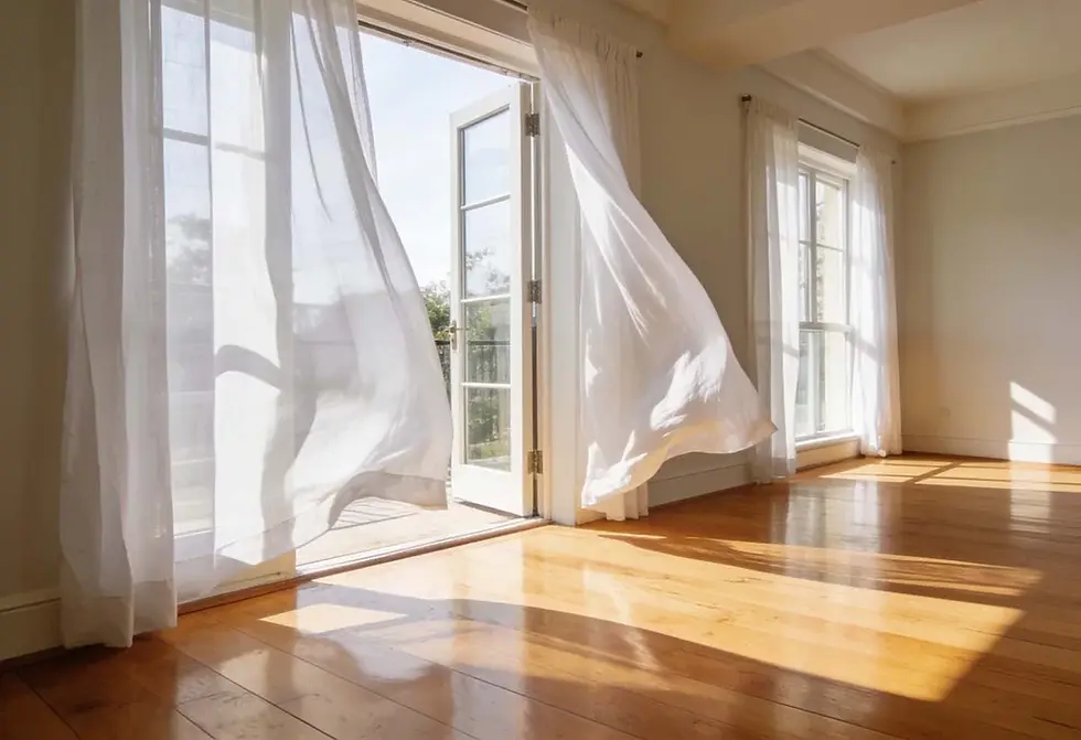 Bright and tidy living room with open windows catching a fresh summer breeze.