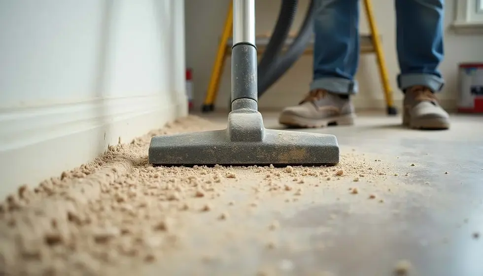 A worker vacuuming drywall dust in a residential living room during a remodeling project