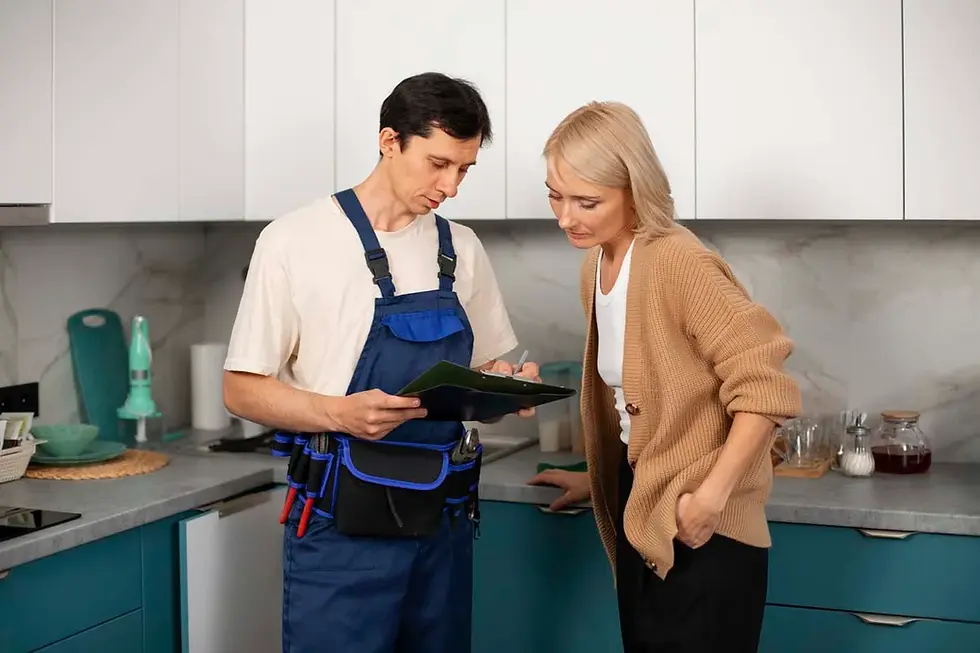 A service technician with a tool belt showing a clipboard to a homeowner in a kitchen
