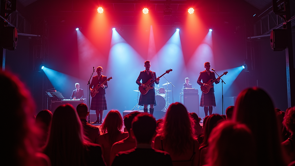 Eye-level view of a Scottish wedding band performing on stage with vibrant lighting