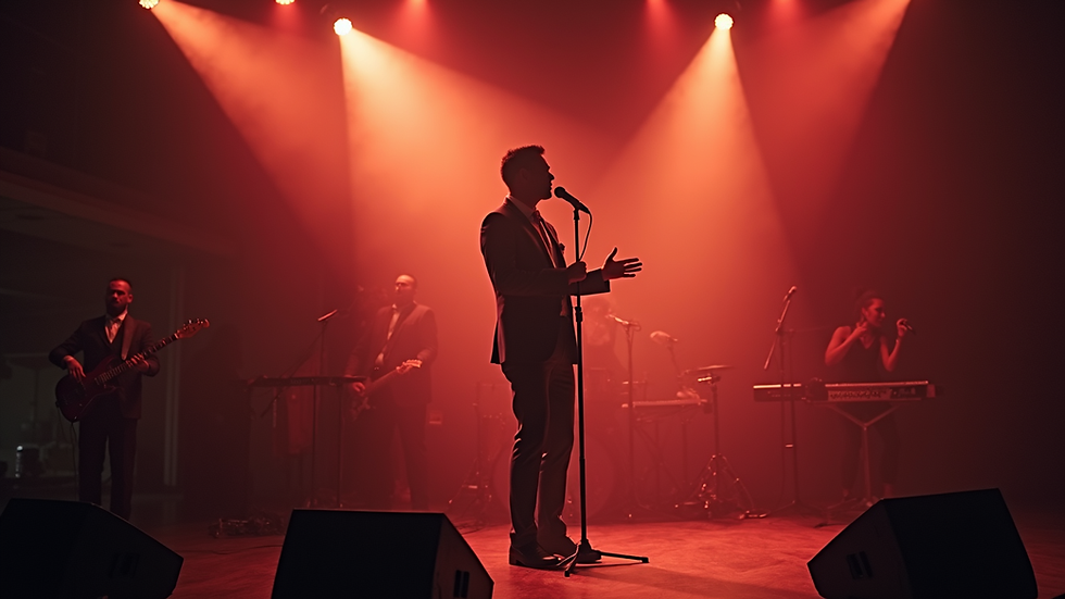 Eye-level view of a wedding singer performing on stage with a microphone