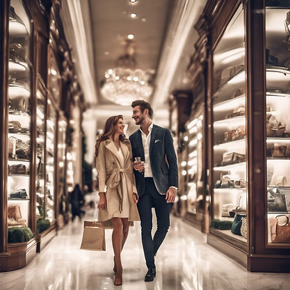 a couple  in a luxurious space  smiling during the day shopping .jpg