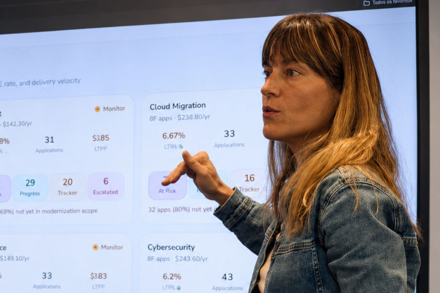 A woman in a denim jacket points at a projected dashboard showing cloud migration and cybersecurity metrics during a presentation or workshop.