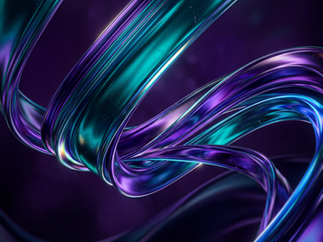 An abstract, close-up shot features flowing, ribbon-like forms in vibrant shades of teald and purple, set against a dark purple background. The forms are smooth and glossy, with highlights and reflections suggesting a metallic or glass-like texture. The composition is dynamic, with the ribbons curving and intertwining, creating a sense of depth and movement. The lighting is dramatic, with bright areas of light and deep shadows, enhancing the three-dimensional quality of the forms.