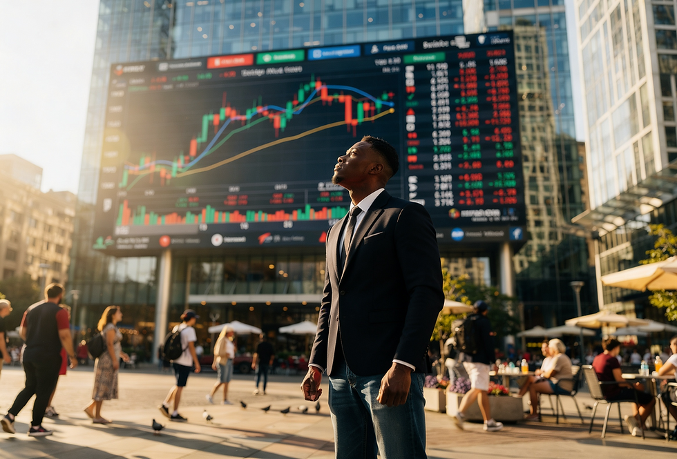 A young Black man, early 20s, in a vibrantssuit, stands in a bustling, sun-drenched urban plaza, looking up at a massive, modern digital billboard displaying complex stock market data. It's a bright, clear summer afternoon.