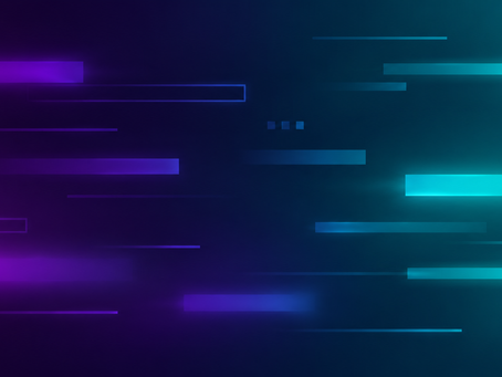 Create an abstract tech background in a wide horizontal format. Use a dark purple to teal gradient background, with the darker tones on one side and brighter teal highlights on the other. Scatter several horizontal rectangular bars and outlined line blocks across the composition, varying in size and length. Some bars should be solid, some just outlined, and a few should have a soft blurred glow around them. Keep the layout minimal, modern, and futuristic, with a sleek digital feel, like a stylized dashboard, data flow, or system activity visualization. Use only shades of purple, violet, magenta, teal, and cyan, with subtle glow effects and smooth transitions.