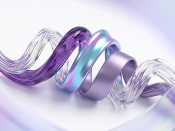 A close-up, abstract shot features a swirling, translucent purple form against a gradient white purple background. The form is composed of smooth, flowing ribbons that curve and overlap, creating a sense of depth and movement. The lighting highlights the glossy texture of the ribbons, with subtle shadows and reflections adding to the three-dimensional effect. The overall impression is one of elegance and fluidity.