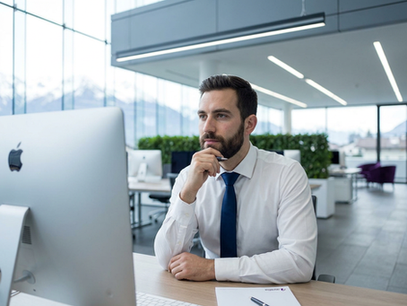 close up de um homem numa camisa branca e gravata sentado numa secretária com olhar pensativo. The background is softly blurred,The lighting is bright and clean, with cool tones that emphasize a professional atmosphere. The composition highlights precision, curiosity, with sharp focus on man's face.