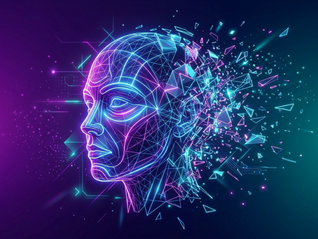 a 3d head icon, made with lines, that fades into fragmented pieces. The background is a gradient of purple and teal with some neon lines