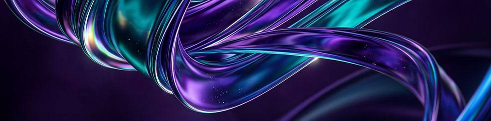An abstract, close-up shot features flowing, ribbon-like forms in vibrant shades of teald and purple, set against a dark purple background. The forms are smooth and glossy, with highlights and reflections suggesting a metallic or glass-like texture. The composition is dynamic, with the ribbons curving and intertwining, creating a sense of depth and movement. The lighting is dramatic, with bright areas of light and deep shadows, enhancing the three-dimensional quality of the forms.