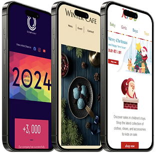 Convite digital corporativo em três smartphones, mostrando diferentes designs natalinos e empresariais. Criação de convites personalizados para eventos, prontos para envio por e-mail aos convidados.