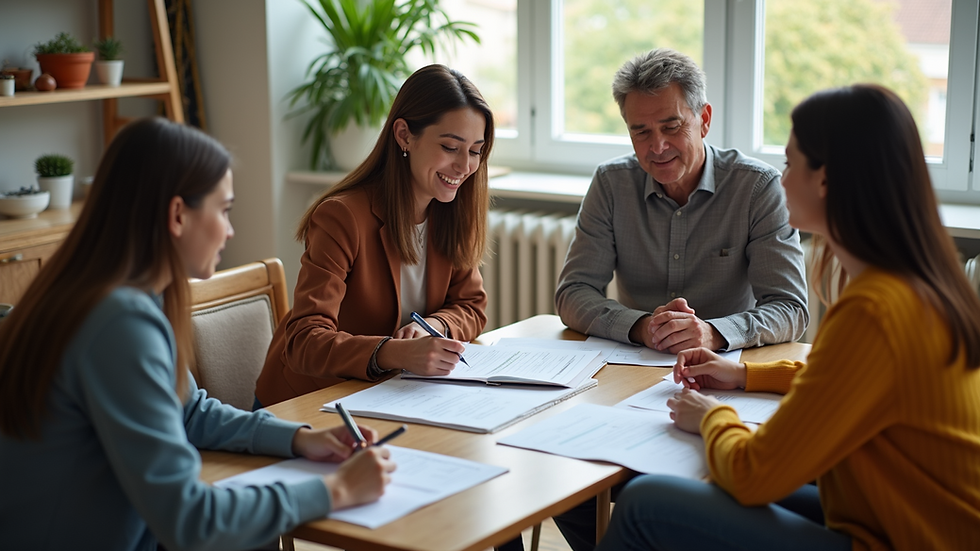 High angle view of a family sitting together discussing a health plan