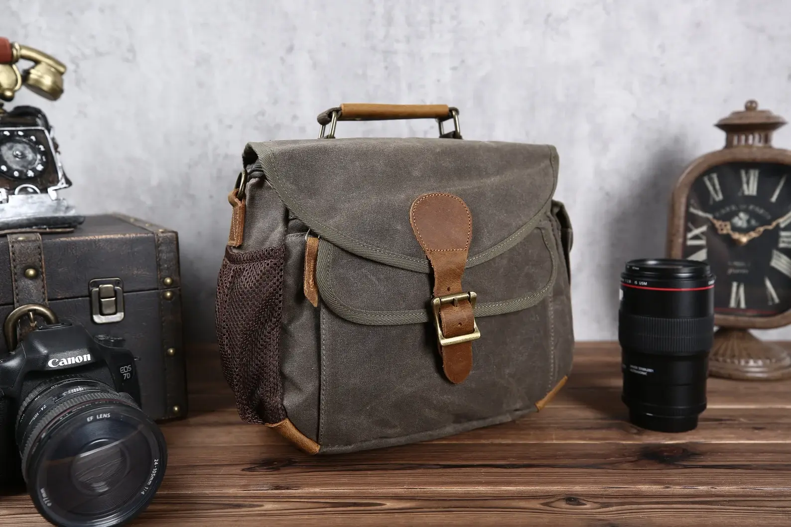 Personalized Canvas Leather Camera Bag Vintage Shoulder Satchel for Photographer