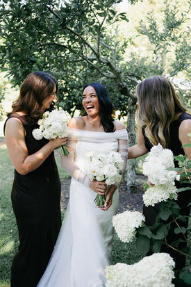 Bridesmaid bouquets with chocolate brown bridesmaid dresses by Sweet Stems, Bay of Plenty wedding florist.