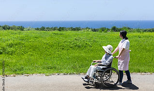 外を散歩する車いすの高齢女性と女性介護士。一面に芝生が広がっている。