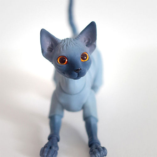 Blue gradient Extreme Sphynx BJD resin cat by Eve Studio Dolls with large amber eyes.