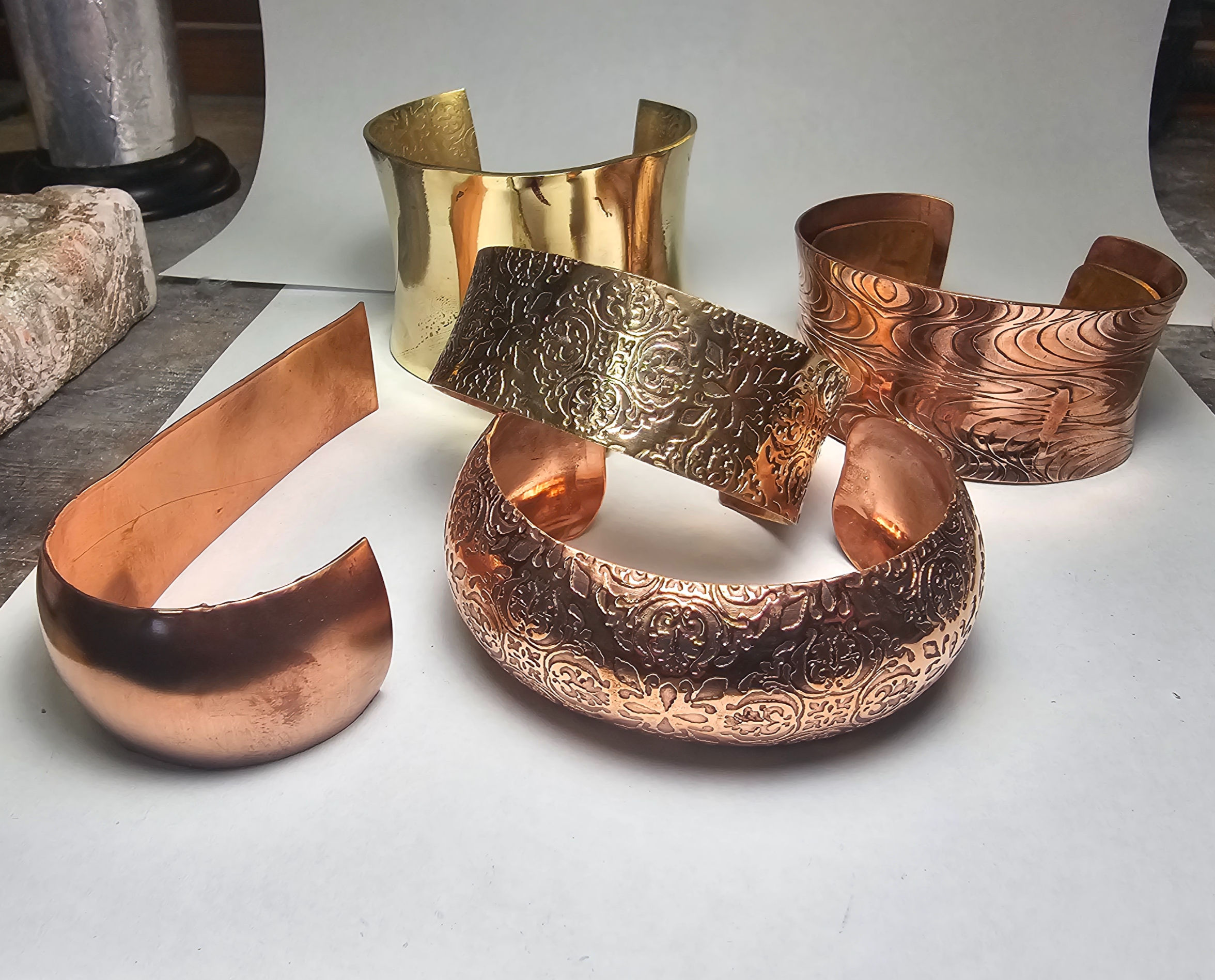 Silver cuff bracelet with etched design